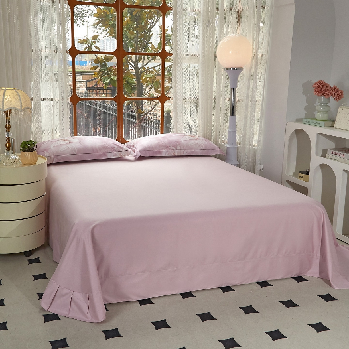 91家纺网 家纺一手货源 找家纺 启航家居 2026新款全棉铂金棉数码印花四件套 雪顶之恋粉