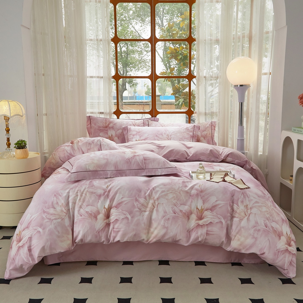 91家纺网 家纺一手货源 找家纺 启航家居 2026新款全棉铂金棉数码印花四件套 雪顶之恋粉