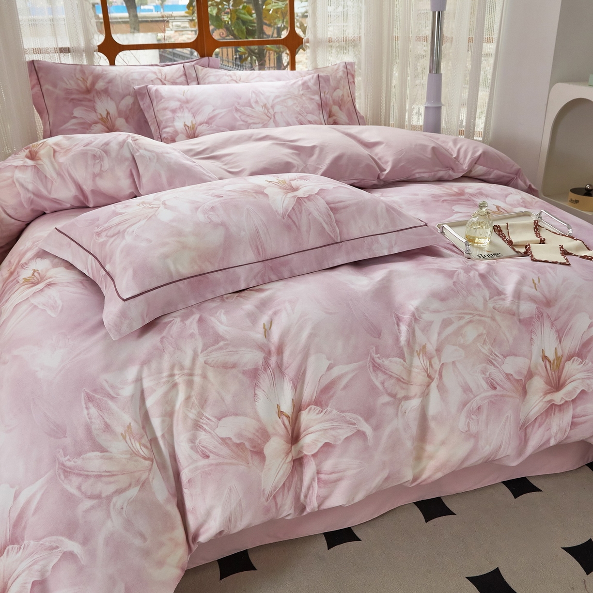 91家纺网 家纺一手货源 找家纺 启航家居 2026新款全棉铂金棉数码印花四件套 雪顶之恋粉