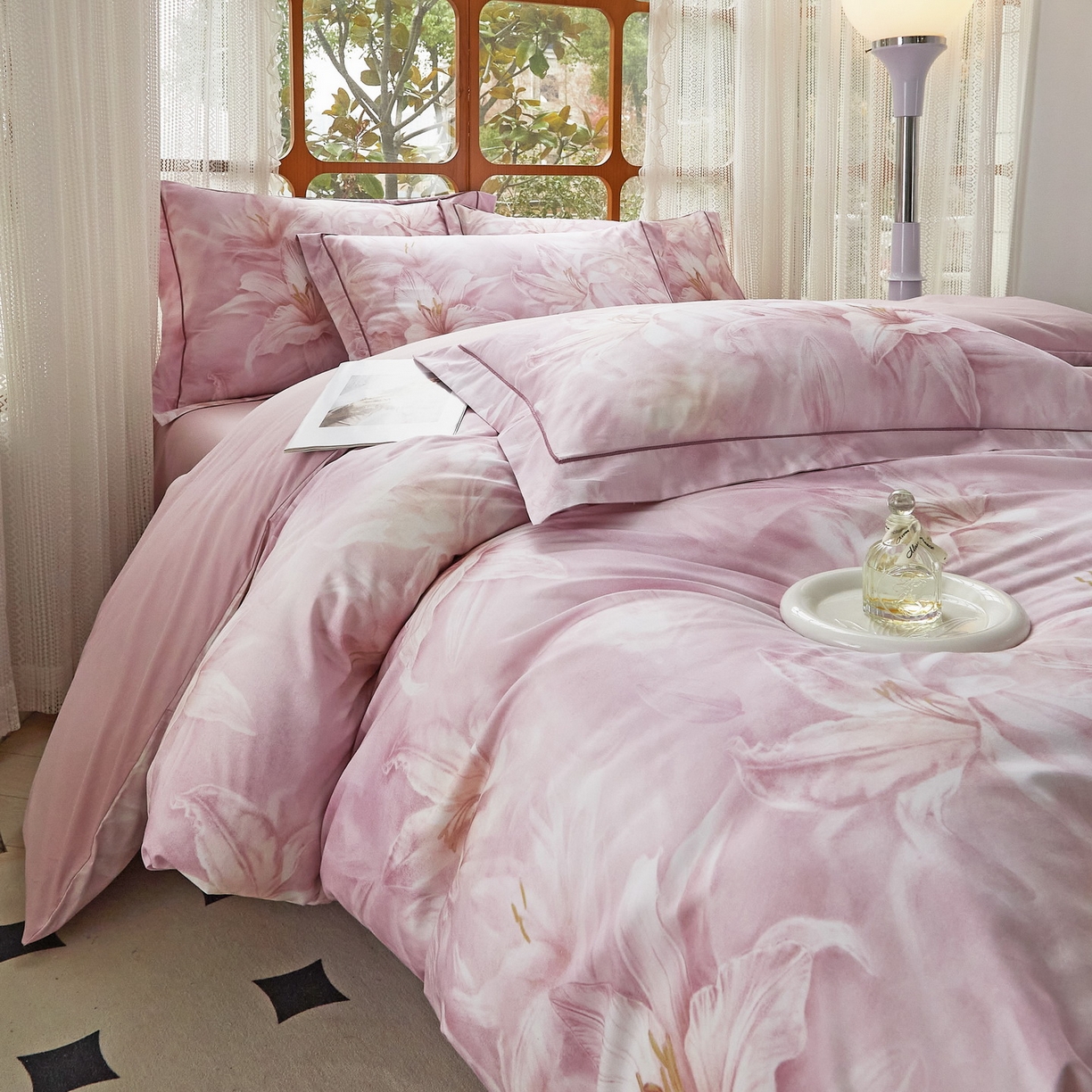 91家纺网 家纺一手货源 找家纺 启航家居 2026新款全棉铂金棉数码印花四件套 雪顶之恋粉