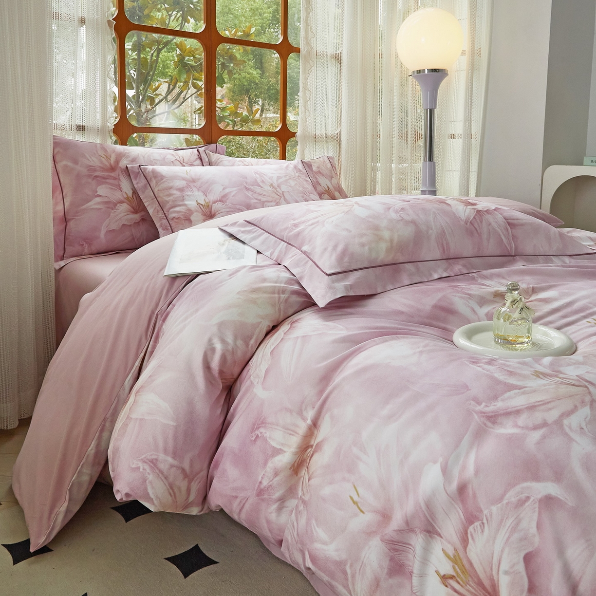 91家纺网 家纺一手货源 找家纺 启航家居 2026新款全棉铂金棉数码印花四件套 雪顶之恋粉