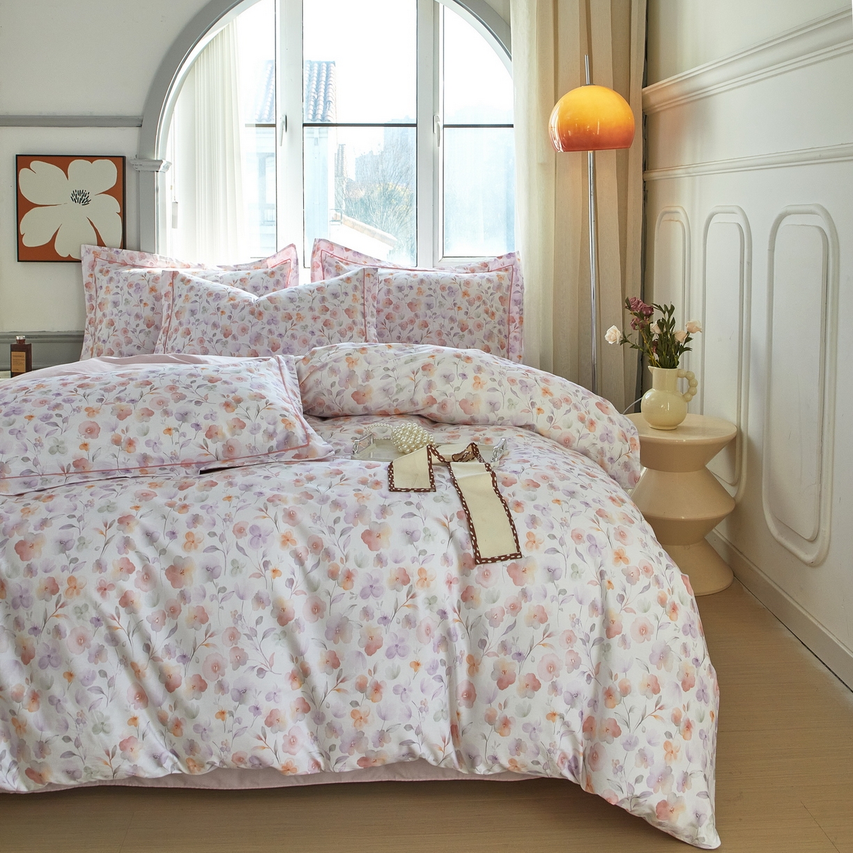 91家纺网 家纺一手货源 找家纺 启航家居 2026新款全棉铂金棉数码印花四件套 洵美粉