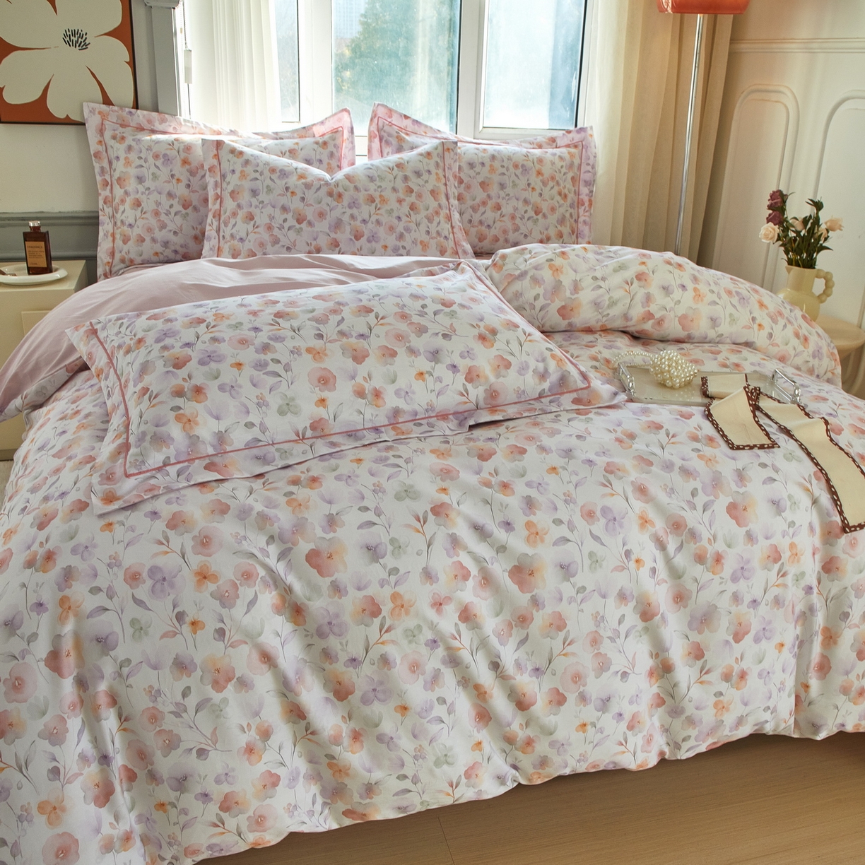 91家纺网 家纺一手货源 找家纺 启航家居 2026新款全棉铂金棉数码印花四件套 洵美粉