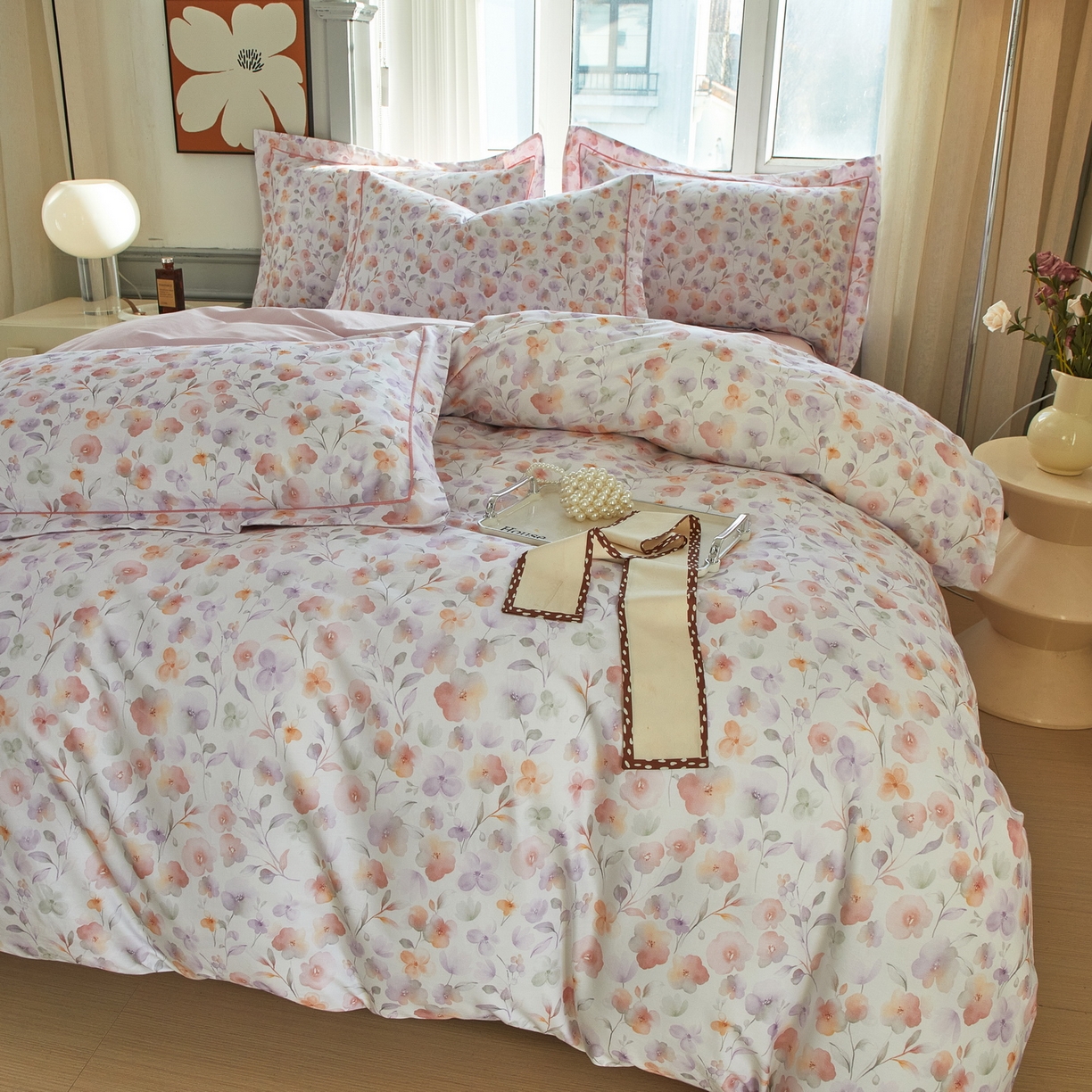 91家纺网 家纺一手货源 找家纺 启航家居 2026新款全棉铂金棉数码印花四件套 洵美粉