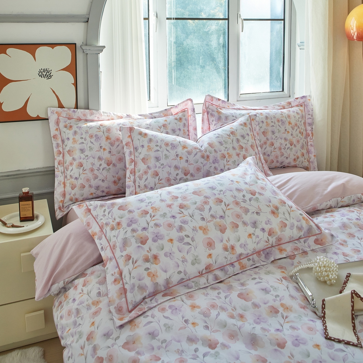 91家纺网 家纺一手货源 找家纺 启航家居 2026新款全棉铂金棉数码印花四件套 洵美粉