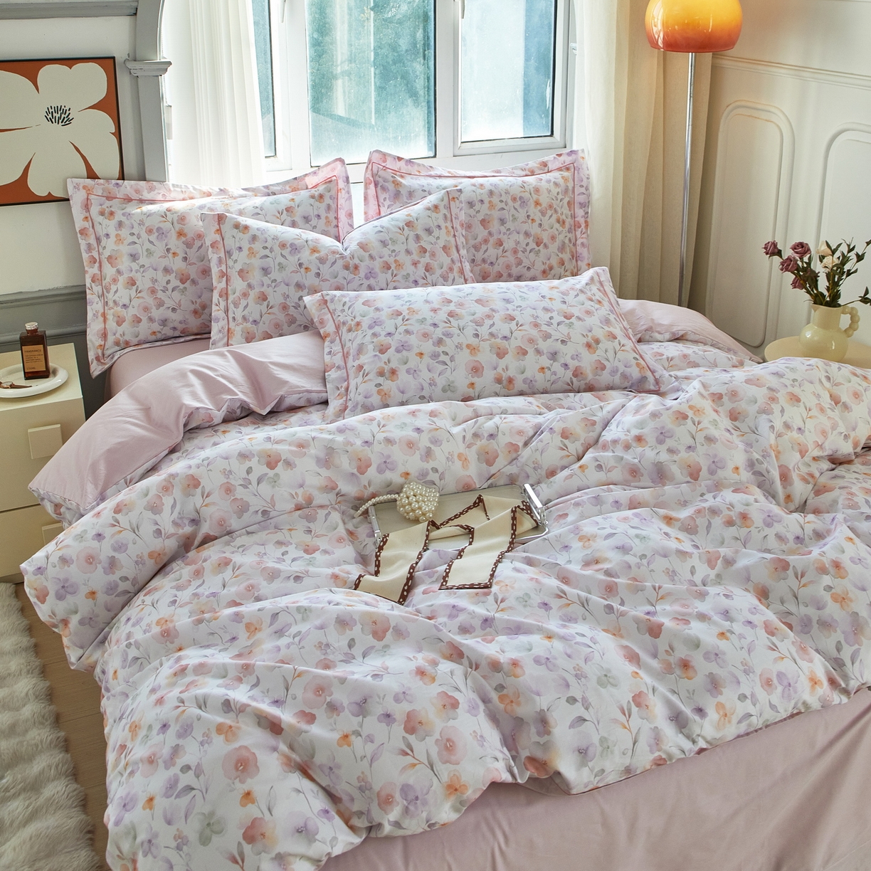 91家纺网 家纺一手货源 找家纺 启航家居 2026新款全棉铂金棉数码印花四件套 洵美粉