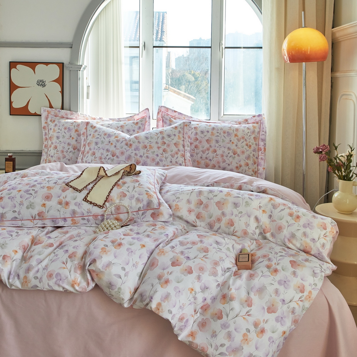 91家纺网 家纺一手货源 找家纺 启航家居 2026新款全棉铂金棉数码印花四件套 洵美粉