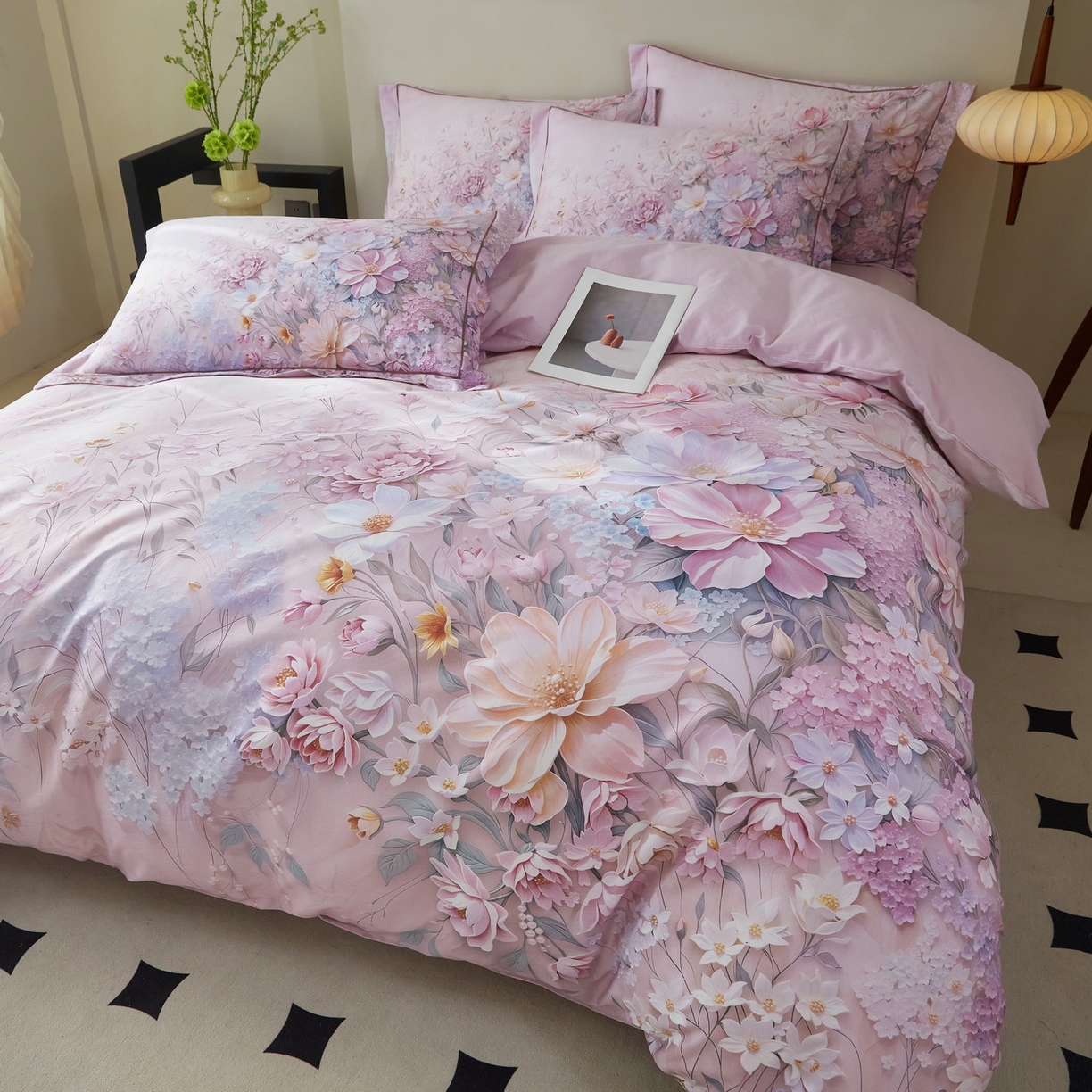 91家纺网 家纺一手货源 找家纺 启航家居 2026新款全棉铂金棉数码印花四件套 月光独白粉