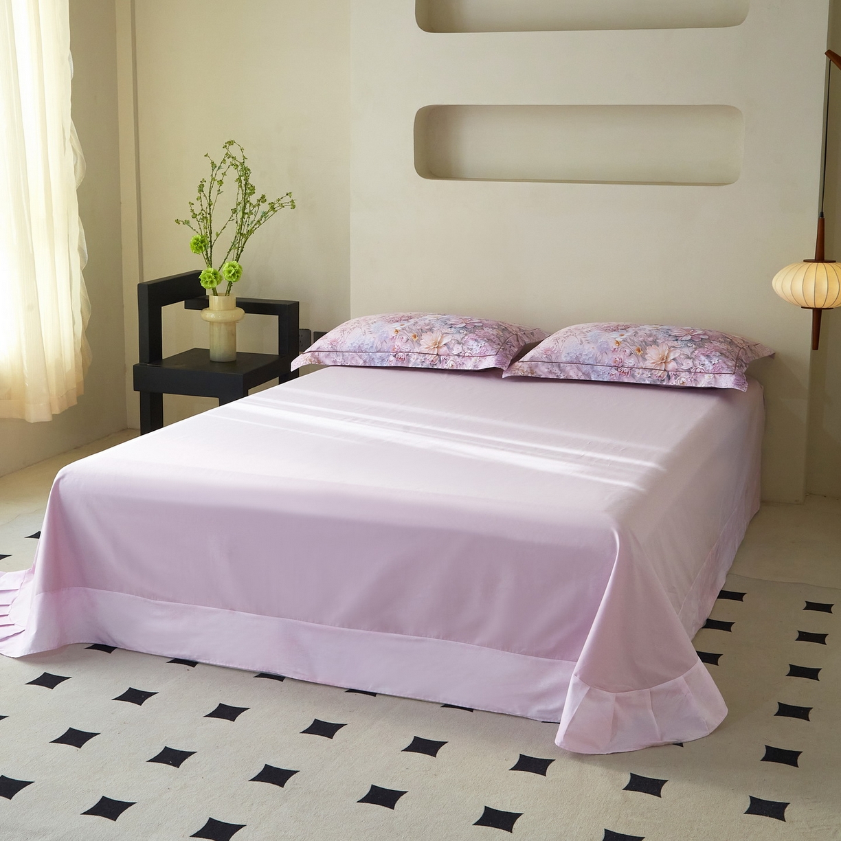 91家纺网 家纺一手货源 找家纺 启航家居 2026新款全棉铂金棉数码印花四件套 月光独白粉