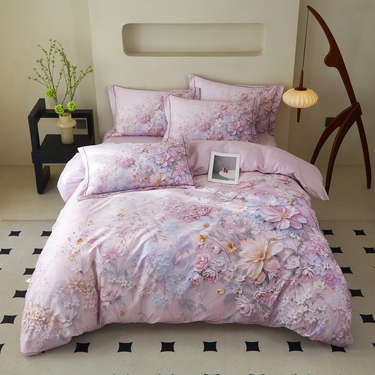 91家纺网 家纺一手货源 找家纺 启航家居 2026新款全棉铂金棉数码印花四件套 月光独白粉