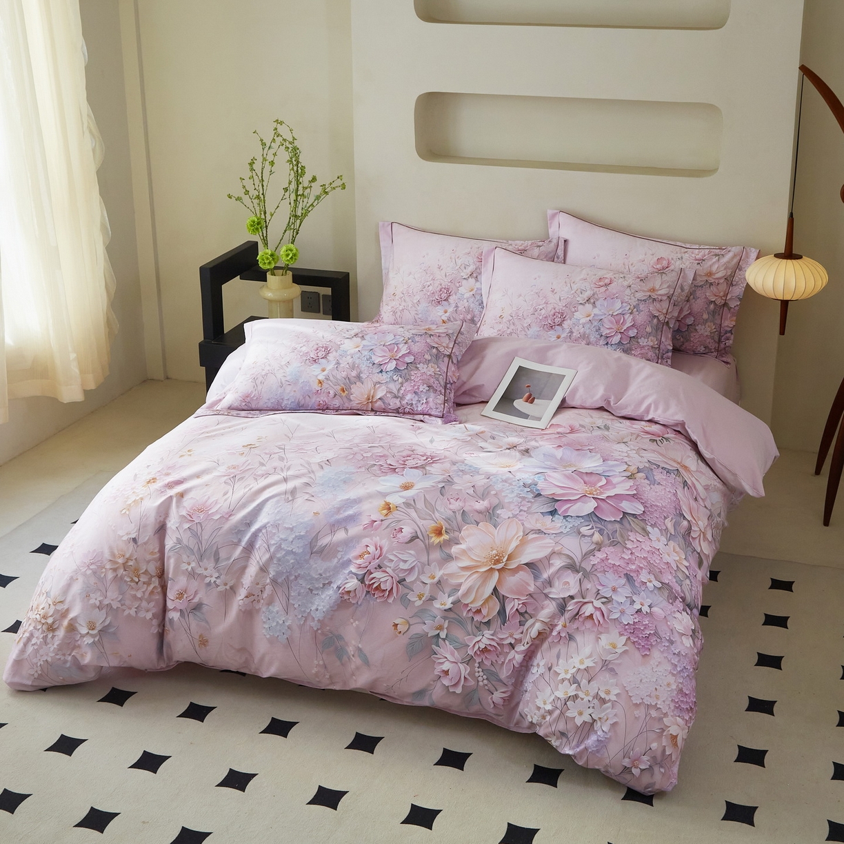 91家纺网 家纺一手货源 找家纺 启航家居 2026新款全棉铂金棉数码印花四件套 月光独白粉