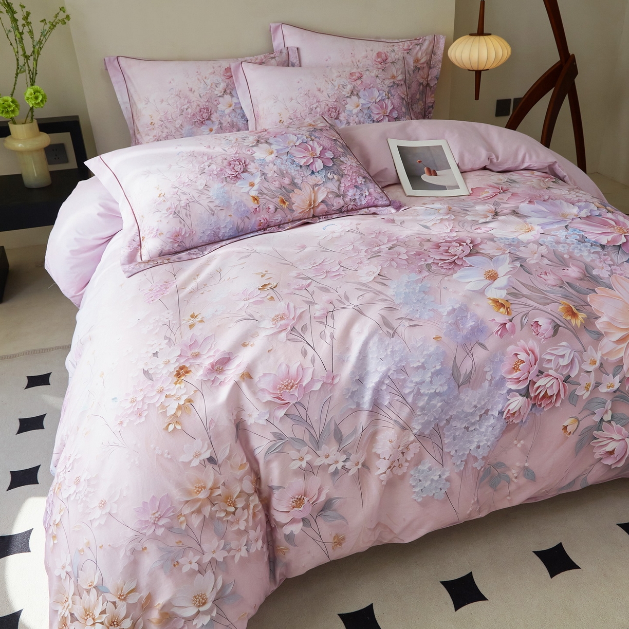 91家纺网 家纺一手货源 找家纺 启航家居 2026新款全棉铂金棉数码印花四件套 月光独白粉