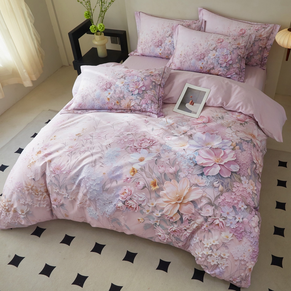 91家纺网 家纺一手货源 找家纺 启航家居 2026新款全棉铂金棉数码印花四件套 月光独白粉