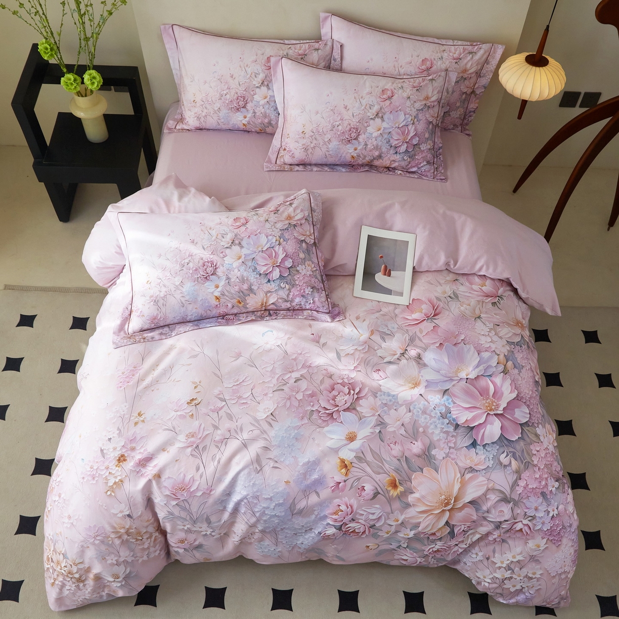 91家纺网 家纺一手货源 找家纺 启航家居 2026新款全棉铂金棉数码印花四件套 月光独白粉