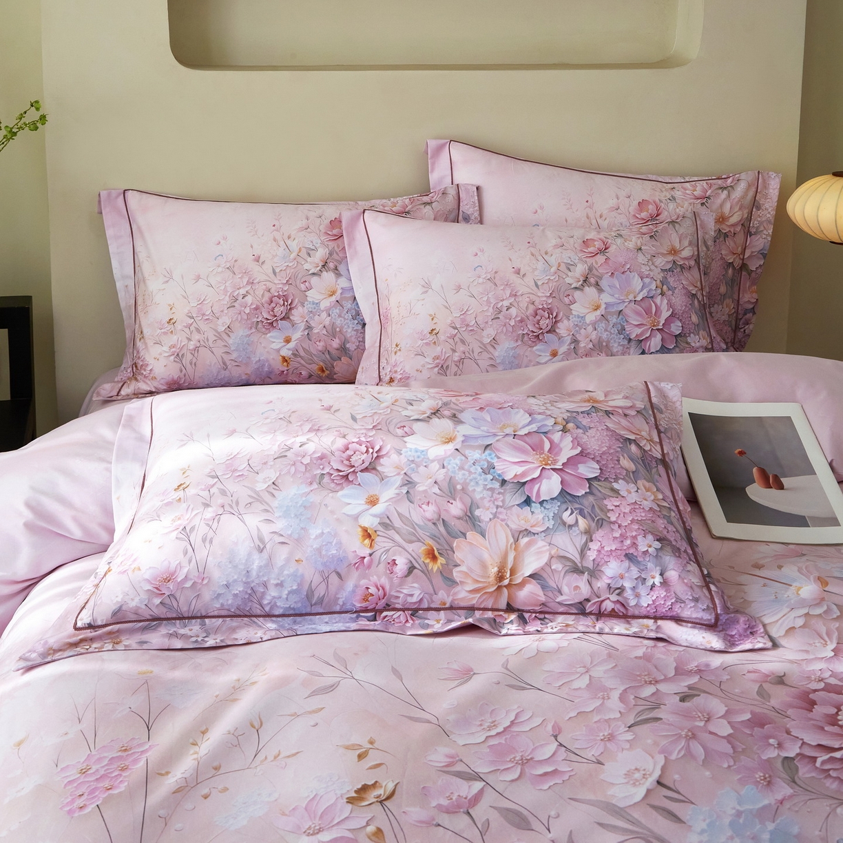 91家纺网 家纺一手货源 找家纺 启航家居 2026新款全棉铂金棉数码印花四件套 月光独白粉