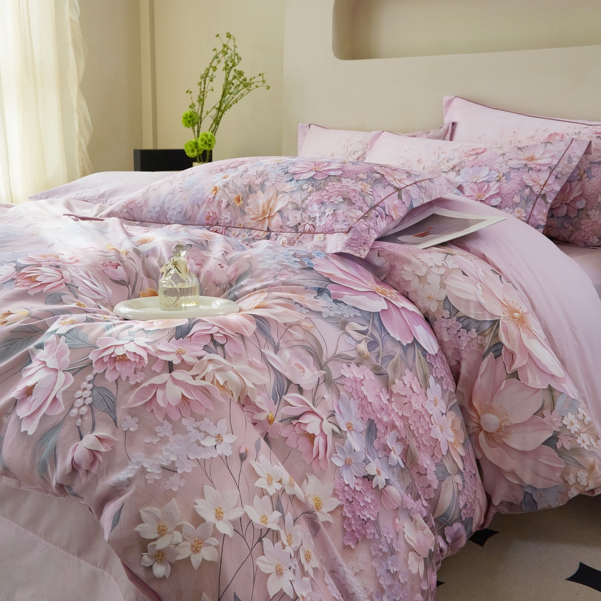 91家纺网 家纺一手货源 找家纺 启航家居 2026新款全棉铂金棉数码印花四件套 月光独白粉