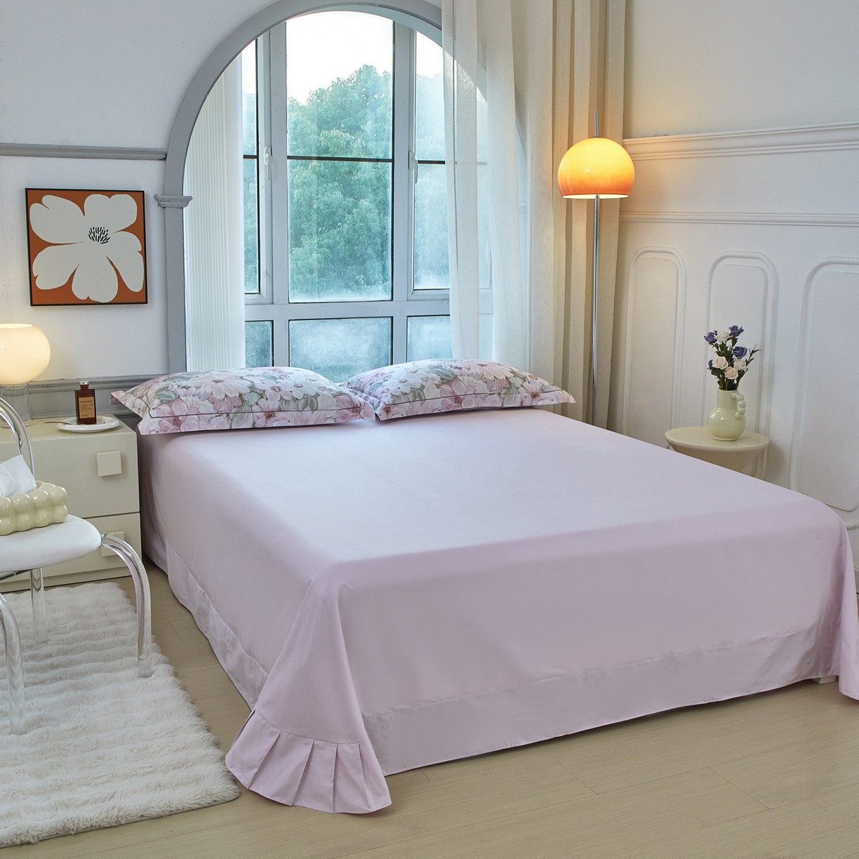 91家纺网 家纺一手货源 找家纺 启航家居 2026新款全棉铂金棉数码印花四件套 绽放序曲粉