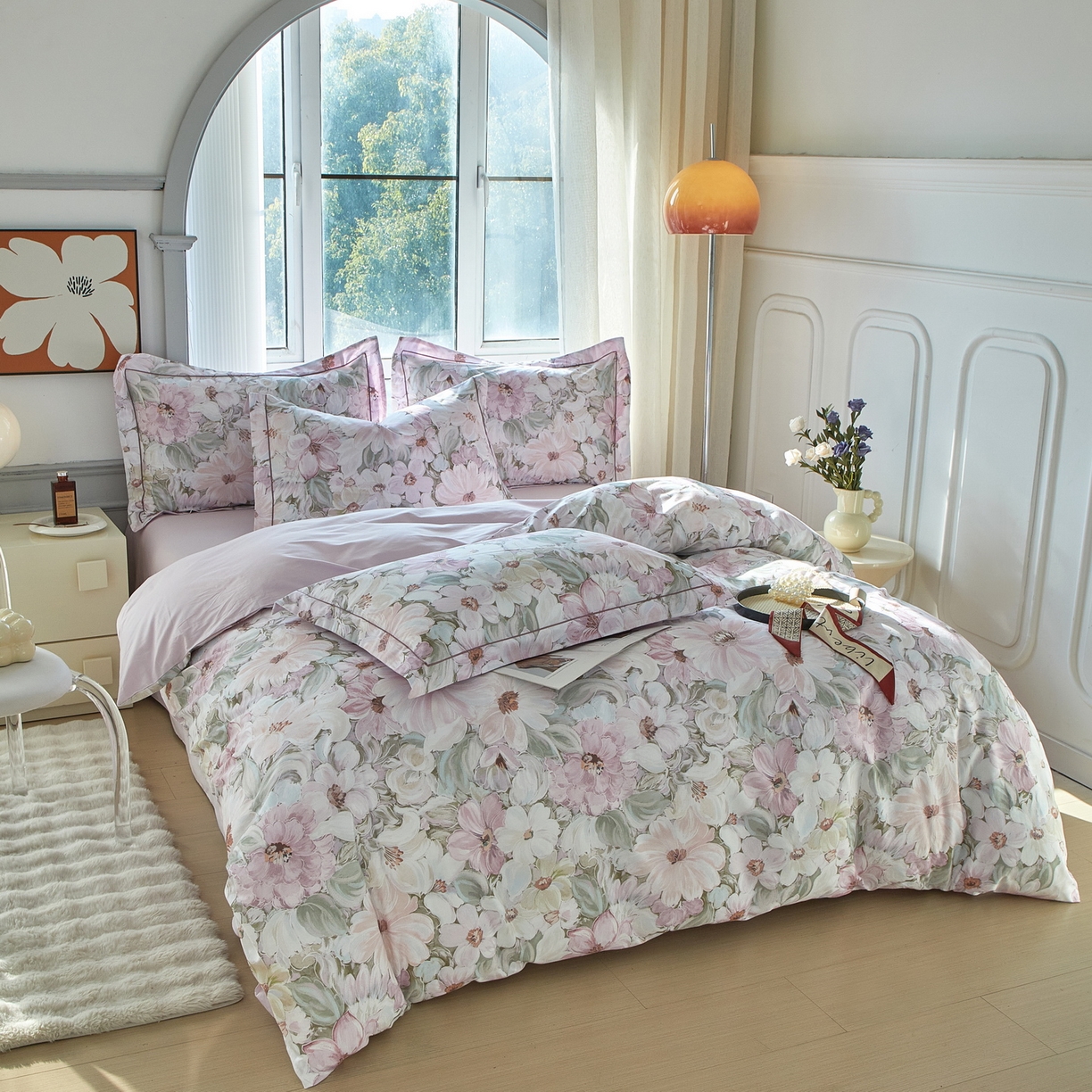 91家纺网 家纺一手货源 找家纺 启航家居 2026新款全棉铂金棉数码印花四件套 绽放序曲粉