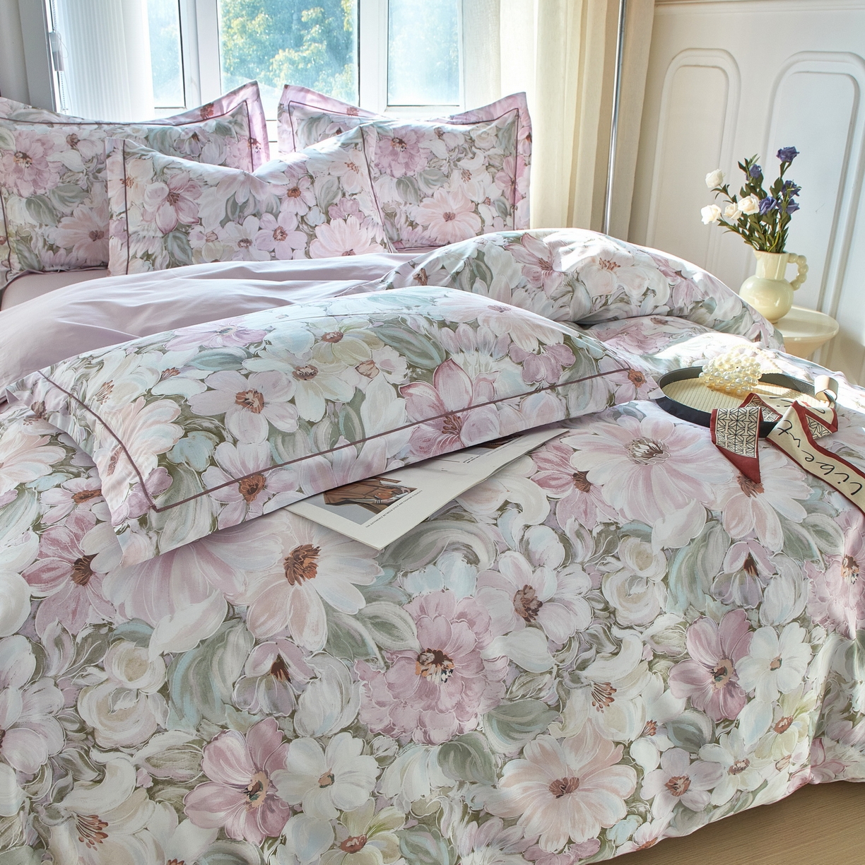 91家纺网 家纺一手货源 找家纺 启航家居 2026新款全棉铂金棉数码印花四件套 绽放序曲粉