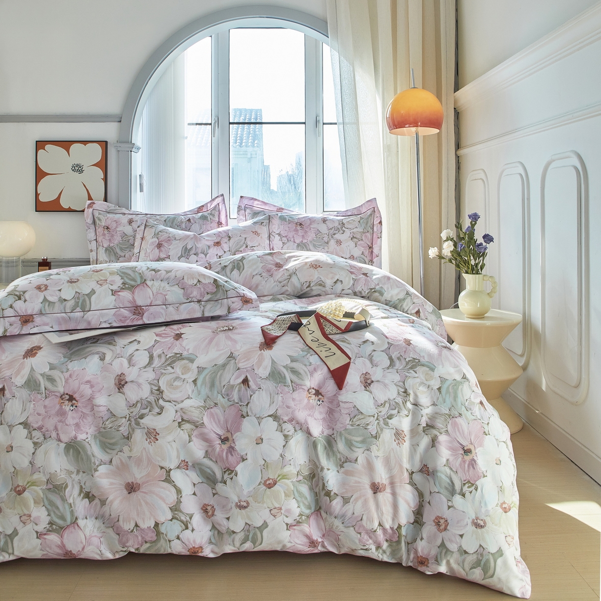 91家纺网 家纺一手货源 找家纺 启航家居 2026新款全棉铂金棉数码印花四件套 绽放序曲粉