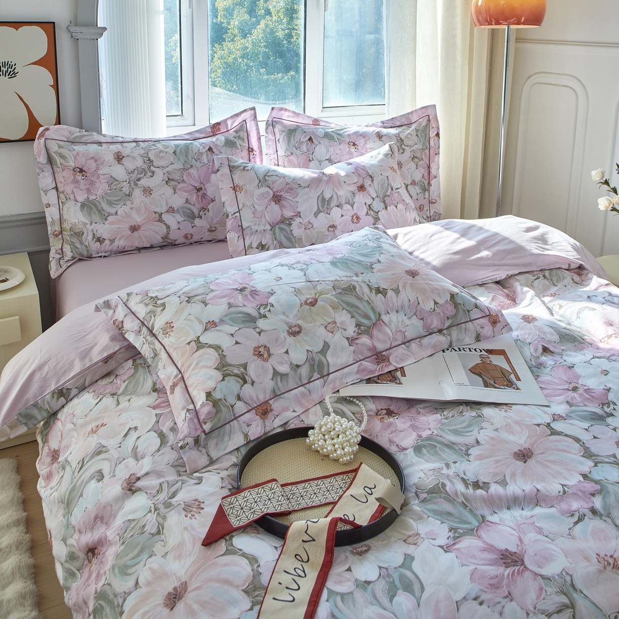 91家纺网 家纺一手货源 找家纺 启航家居 2026新款全棉铂金棉数码印花四件套 绽放序曲粉