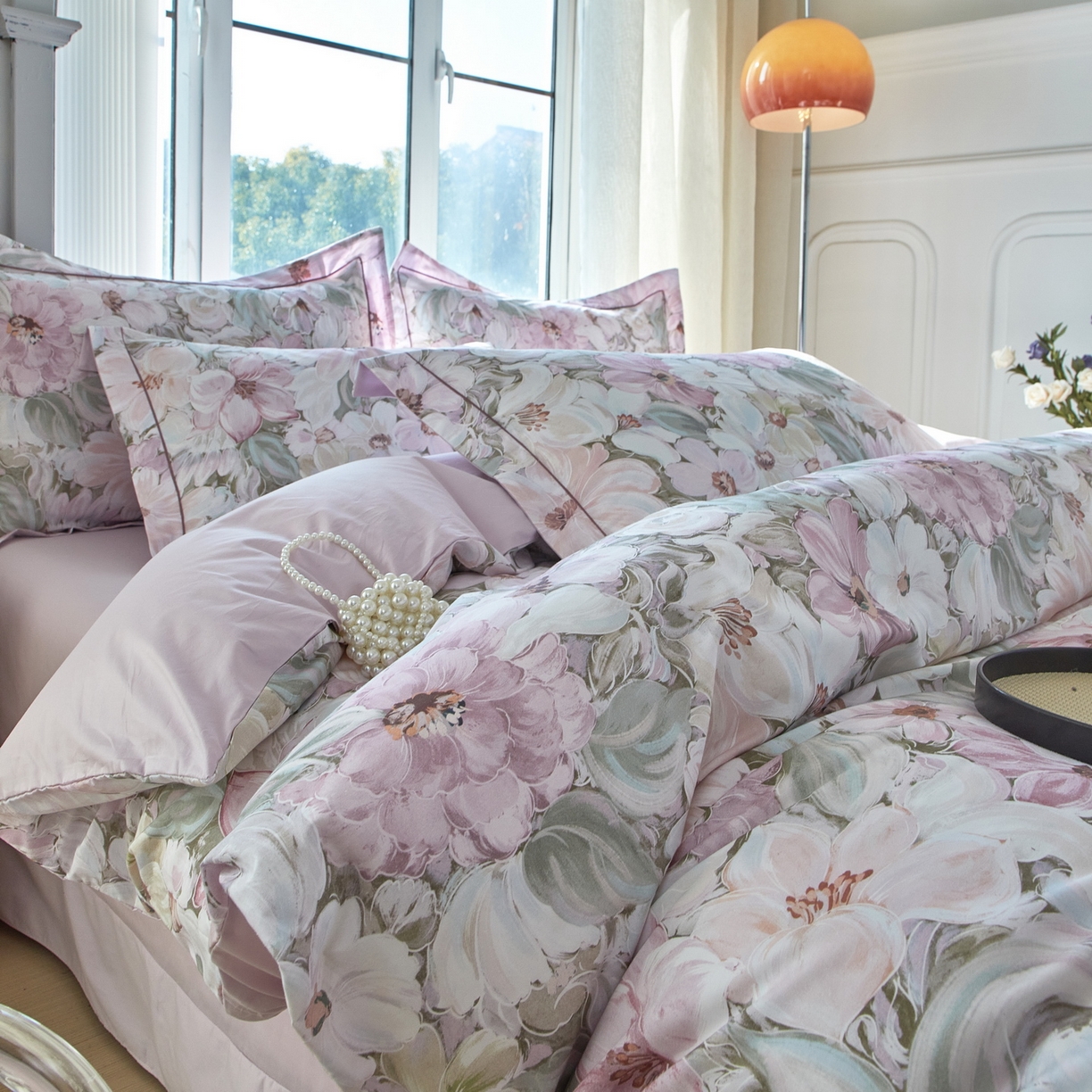 91家纺网 家纺一手货源 找家纺 启航家居 2026新款全棉铂金棉数码印花四件套 绽放序曲粉