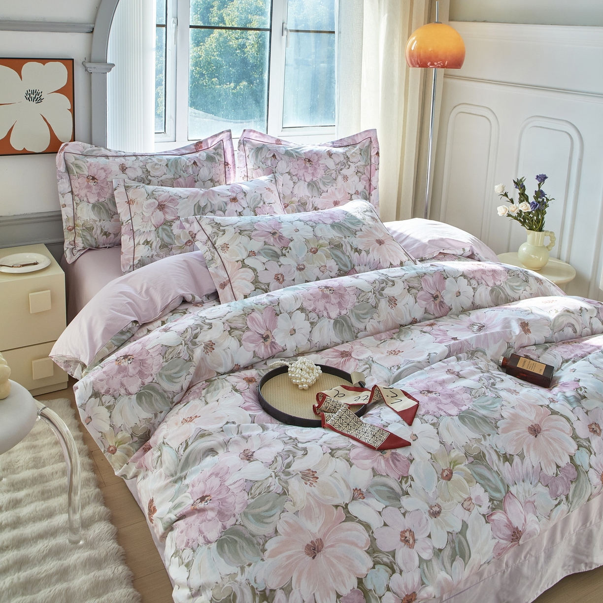 91家纺网 家纺一手货源 找家纺 启航家居 2026新款全棉铂金棉数码印花四件套 绽放序曲粉