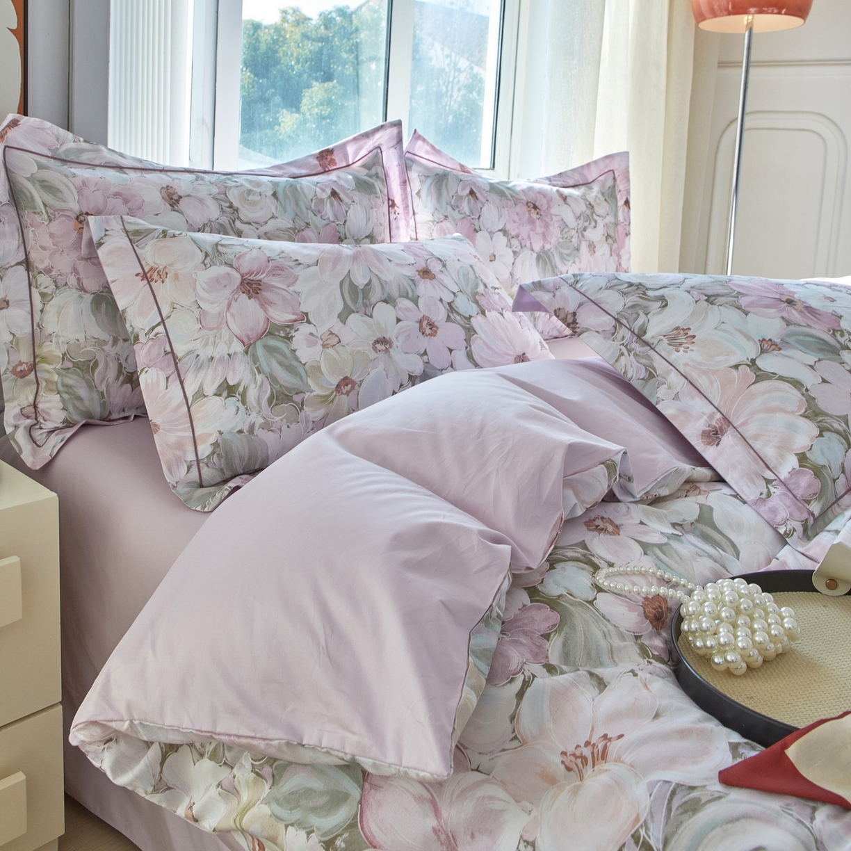 91家纺网 家纺一手货源 找家纺 启航家居 2026新款全棉铂金棉数码印花四件套 绽放序曲粉