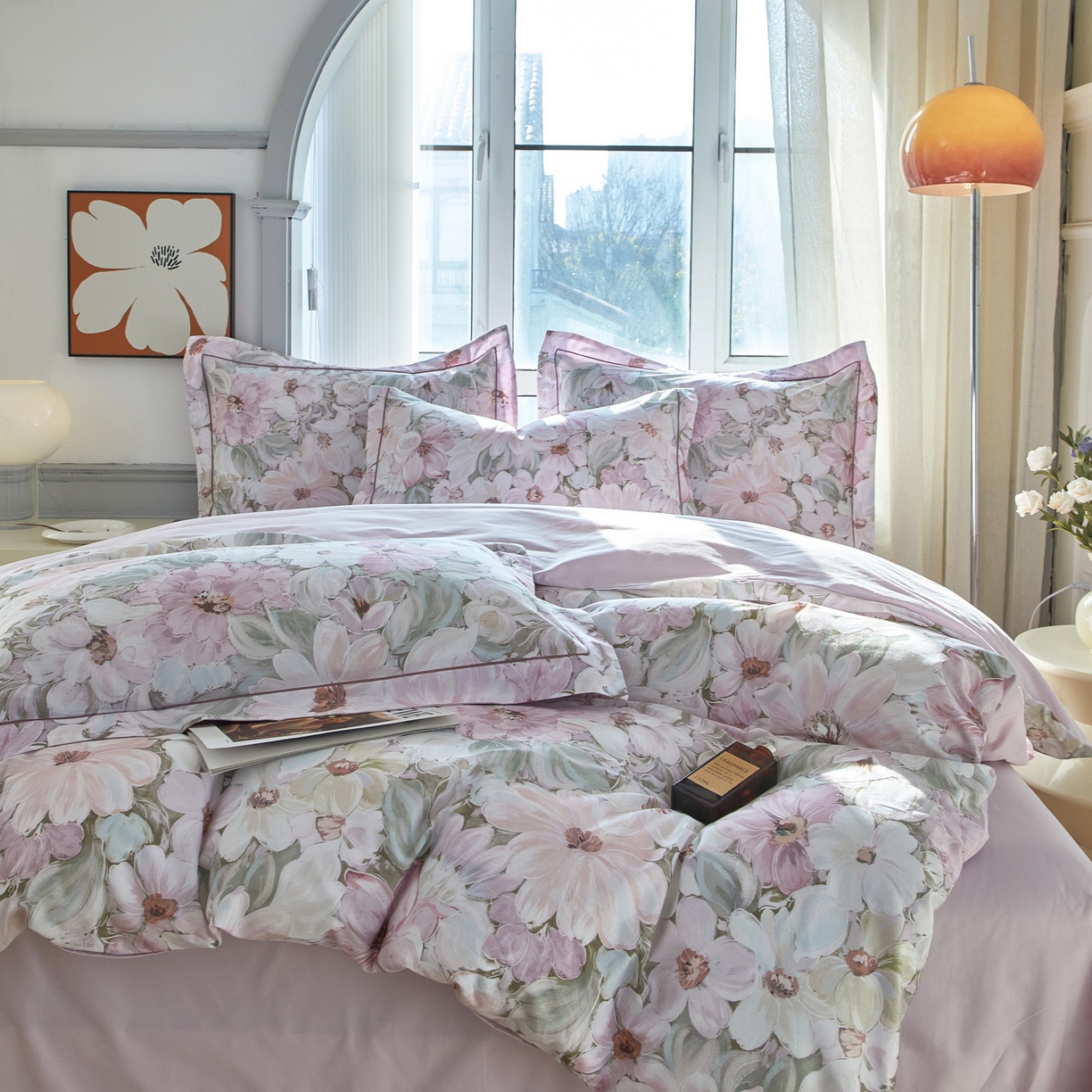 91家纺网 家纺一手货源 找家纺 启航家居 2026新款全棉铂金棉数码印花四件套 绽放序曲粉