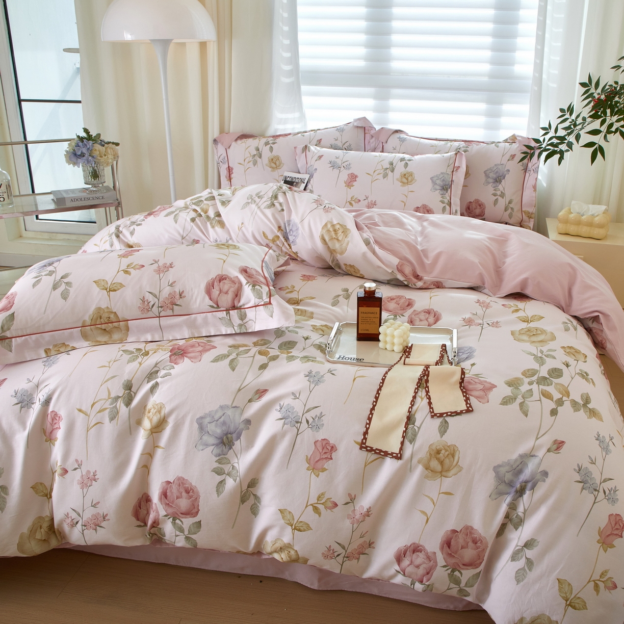 91家纺网 家纺一手货源 找家纺 启航家居 2026新款全棉铂金棉数码印花四件套 臻爱粉