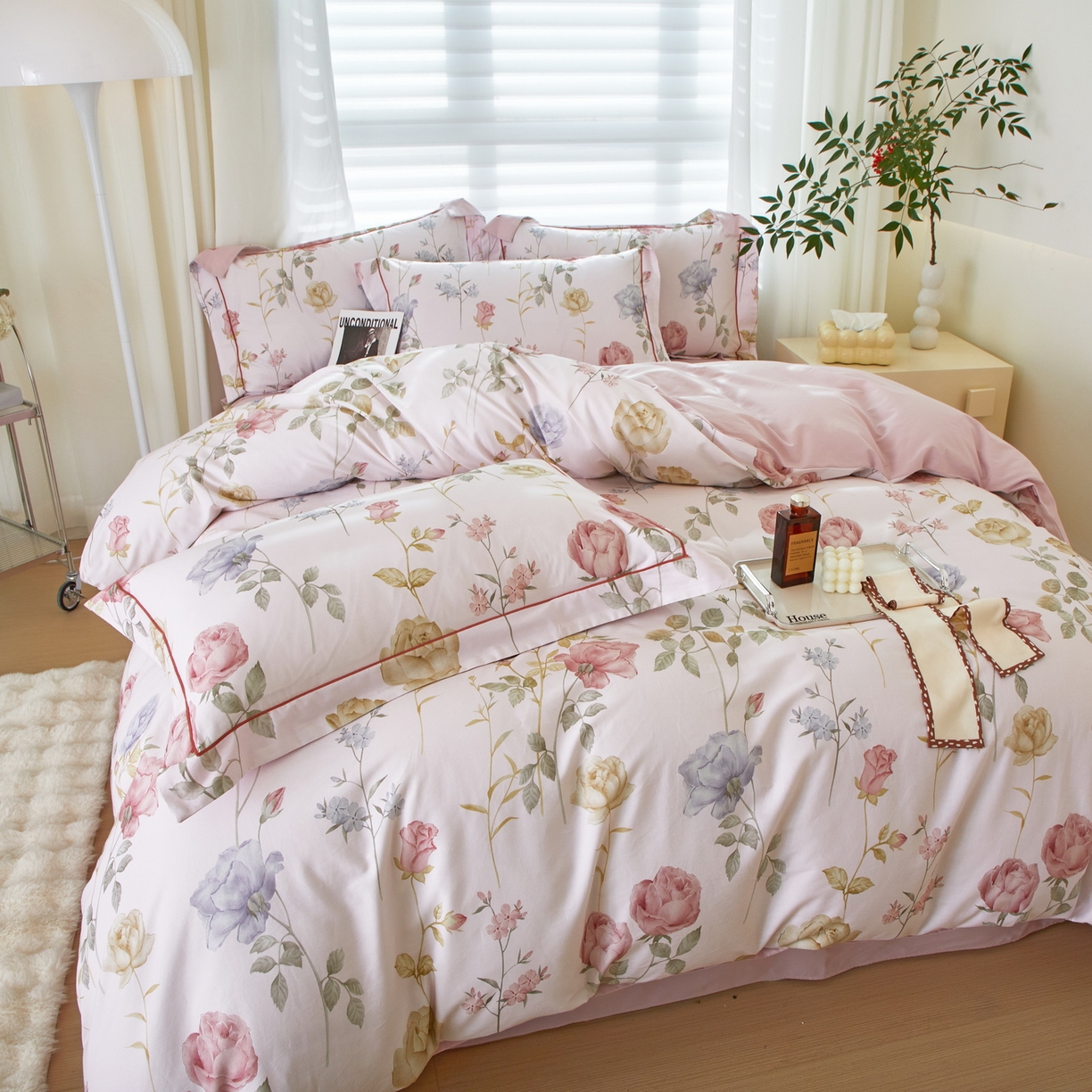 91家纺网 家纺一手货源 找家纺 启航家居 2026新款全棉铂金棉数码印花四件套 臻爱粉