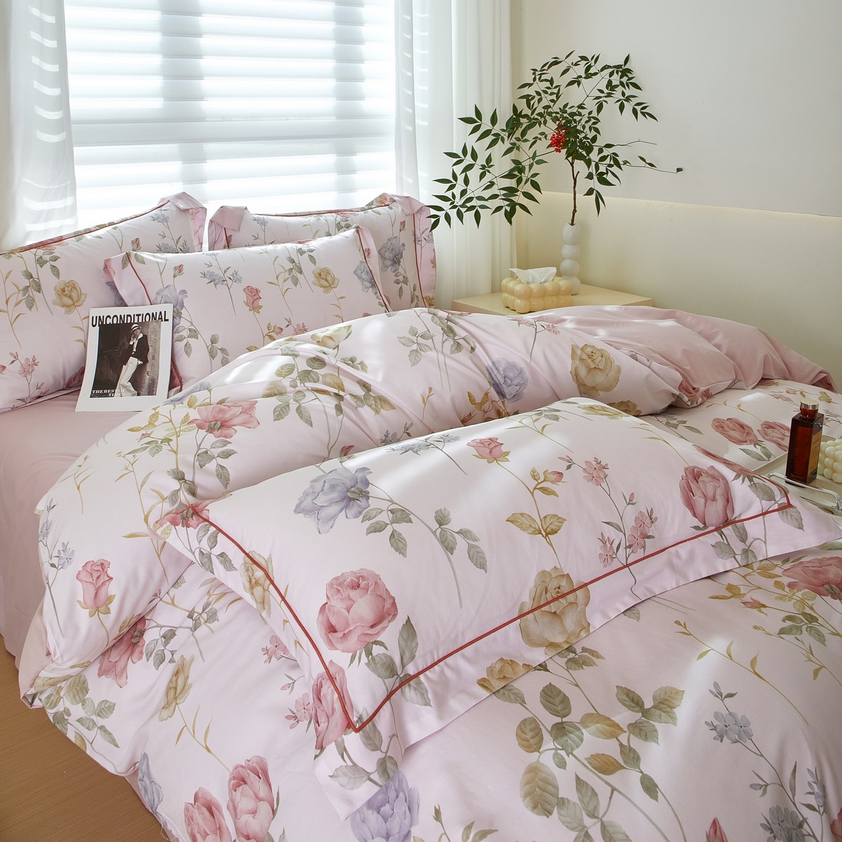 91家纺网 家纺一手货源 找家纺 启航家居 2026新款全棉铂金棉数码印花四件套 臻爱粉