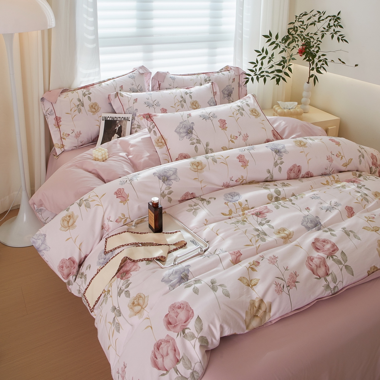 91家纺网 家纺一手货源 找家纺 启航家居 2026新款全棉铂金棉数码印花四件套 臻爱粉