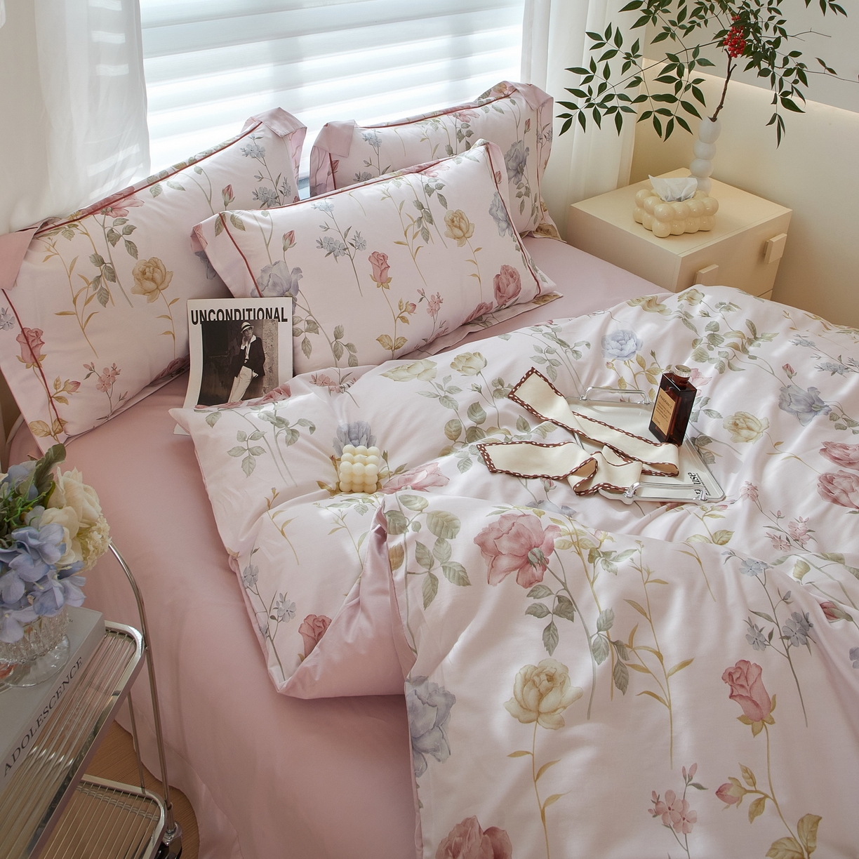 91家纺网 家纺一手货源 找家纺 启航家居 2026新款全棉铂金棉数码印花四件套 臻爱粉