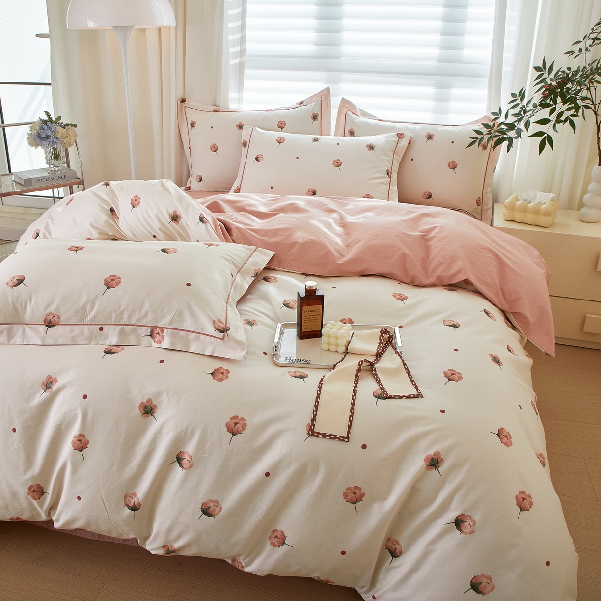 91家纺网 家纺一手货源 找家纺 启航家居 2026新款全棉铂金棉数码印花四件套 知否粉