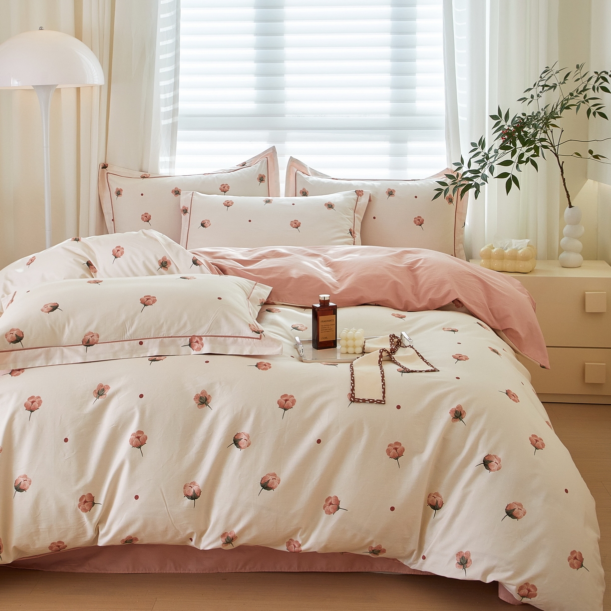 91家纺网 家纺一手货源 找家纺 启航家居 2026新款全棉铂金棉数码印花四件套 知否粉