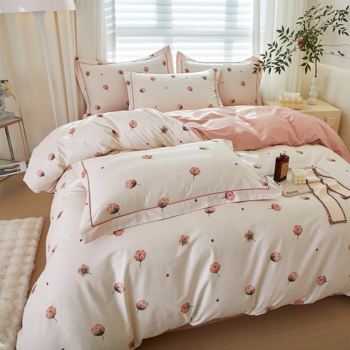 91家纺网 家纺一手货源 找家纺 启航家居 2026新款全棉铂金棉数码印花四件套 知否粉