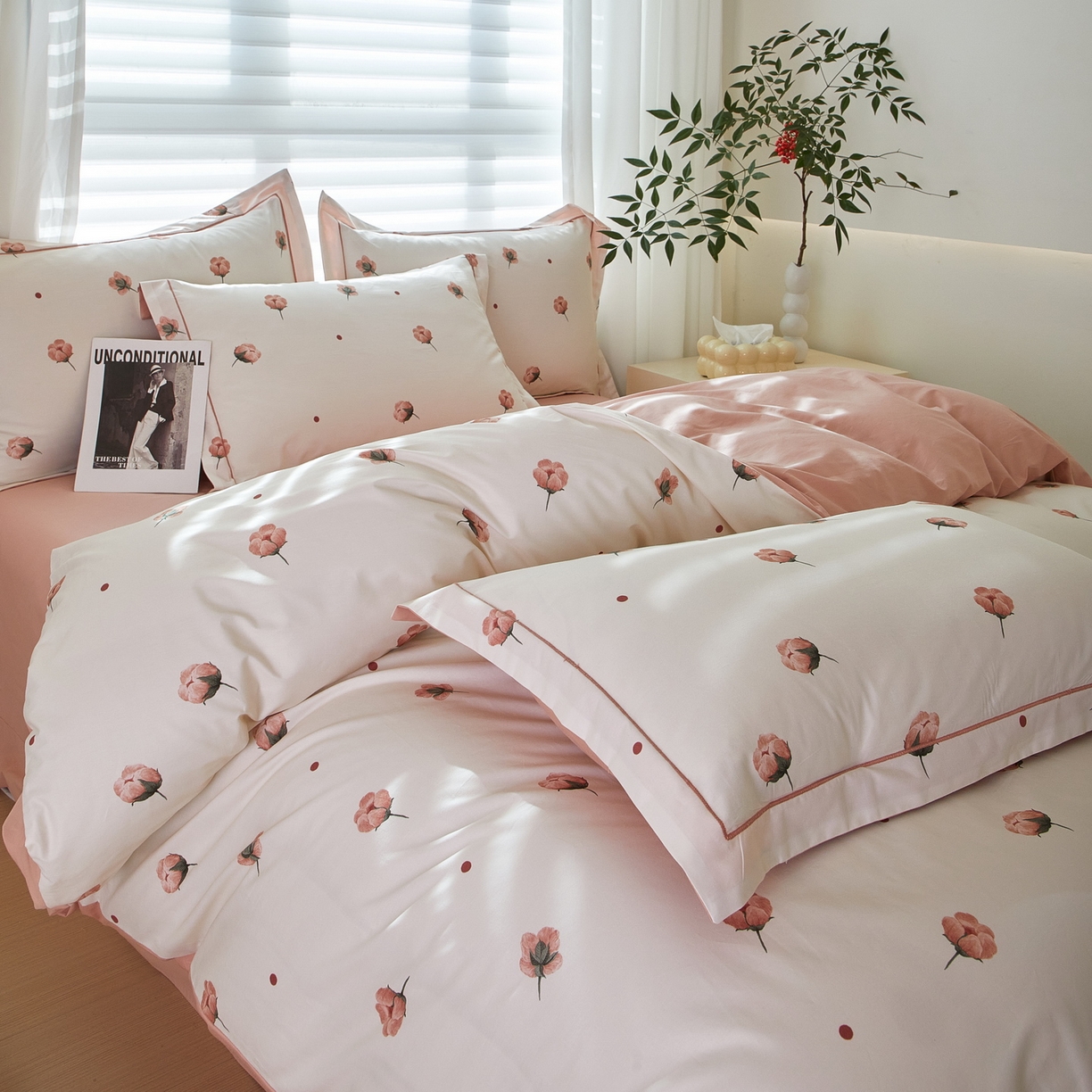 91家纺网 家纺一手货源 找家纺 启航家居 2026新款全棉铂金棉数码印花四件套 知否粉