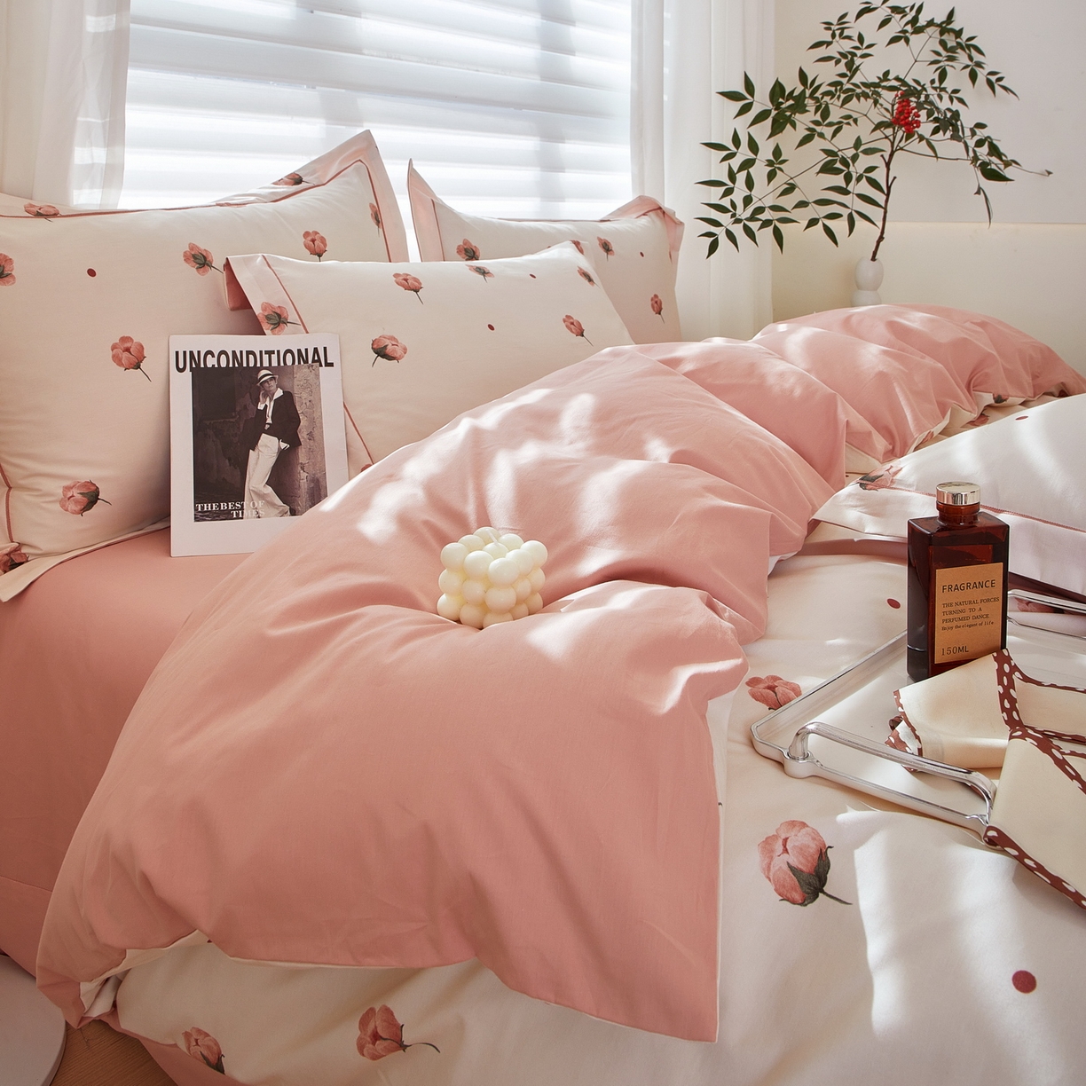 91家纺网 家纺一手货源 找家纺 启航家居 2026新款全棉铂金棉数码印花四件套 知否粉