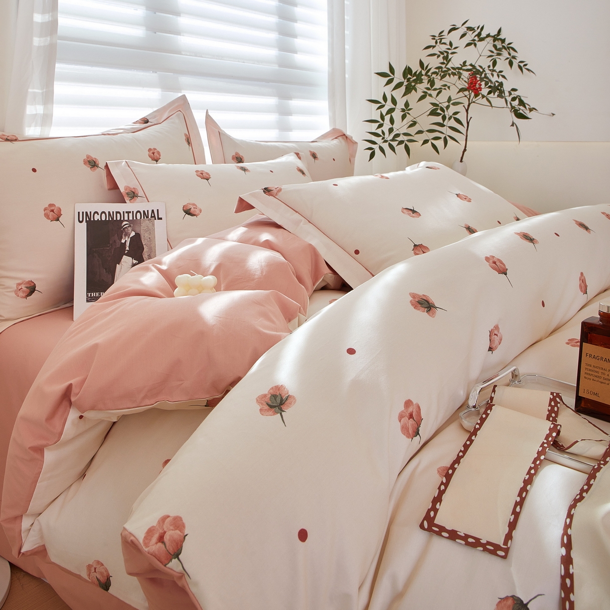 91家纺网 家纺一手货源 找家纺 启航家居 2026新款全棉铂金棉数码印花四件套 知否粉