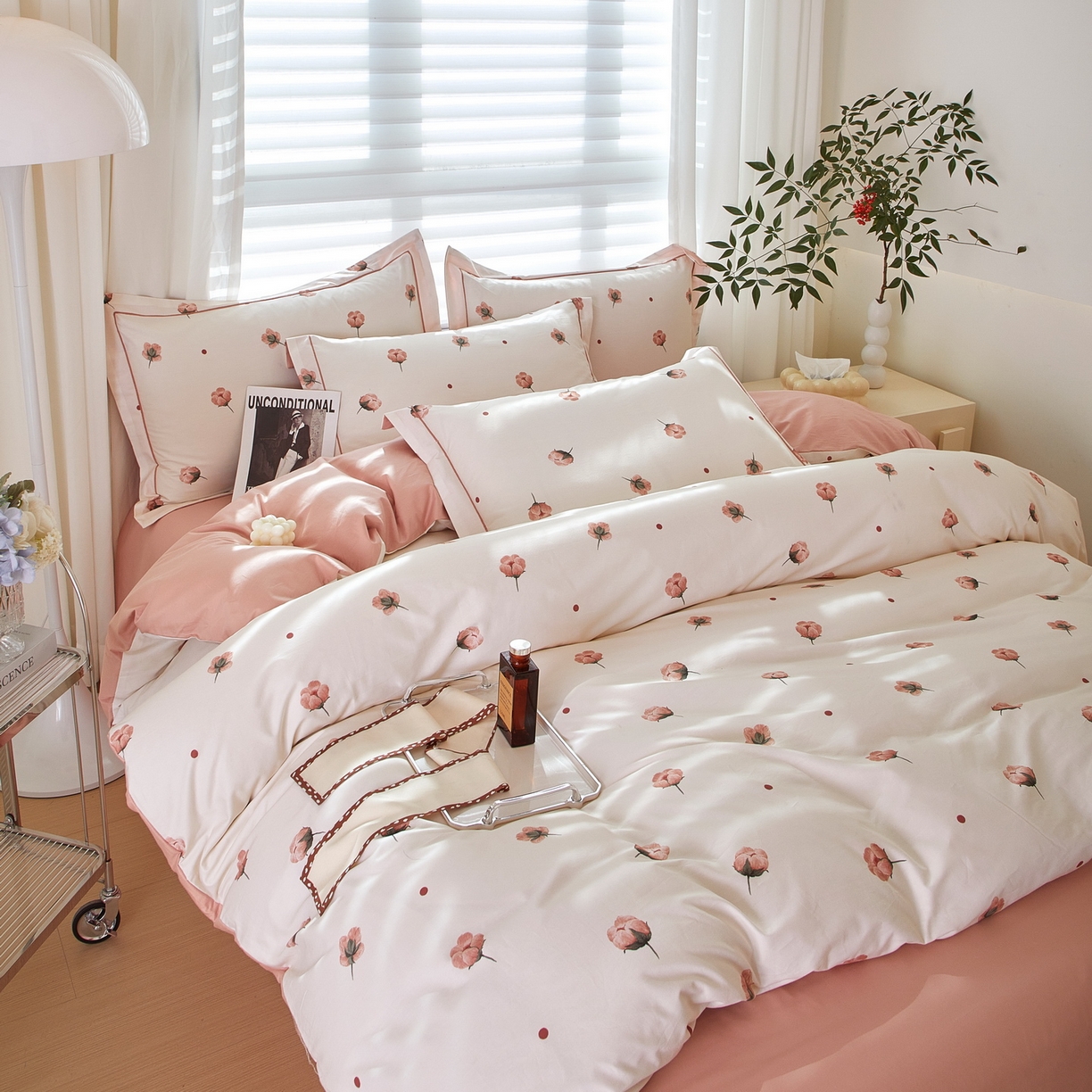 91家纺网 家纺一手货源 找家纺 启航家居 2026新款全棉铂金棉数码印花四件套 知否粉