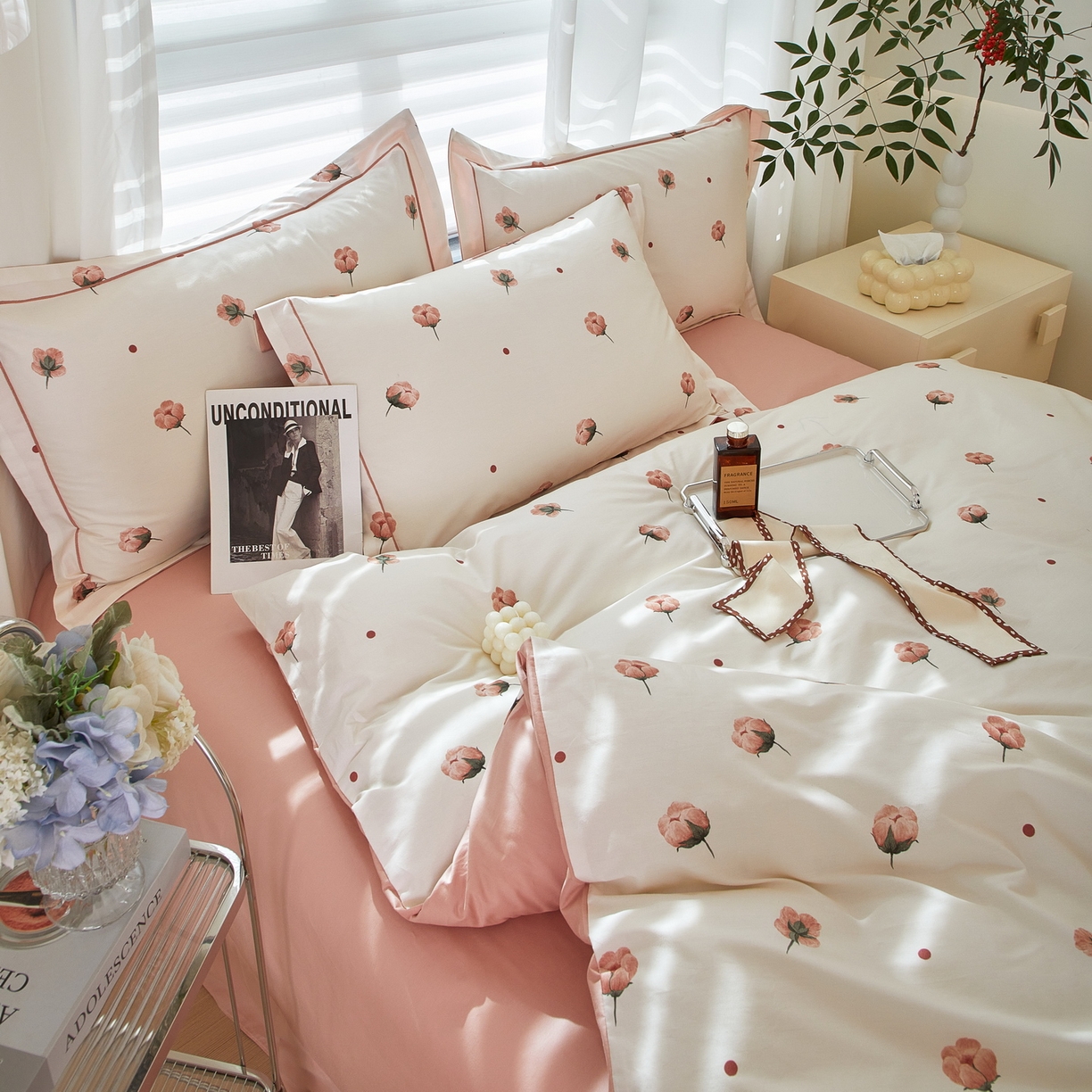 91家纺网 家纺一手货源 找家纺 启航家居 2026新款全棉铂金棉数码印花四件套 知否粉