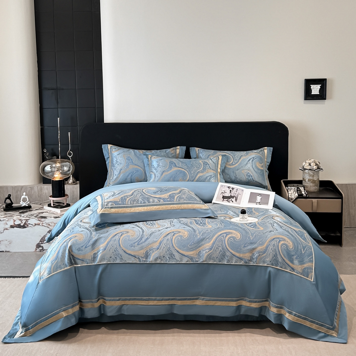 91家纺网 家纺一手货源 找家纺 博纳家纺 2026春夏新款全棉纯棉高精密色织提花绣花四件套-炫彩年华 炫彩年华-宾利蓝