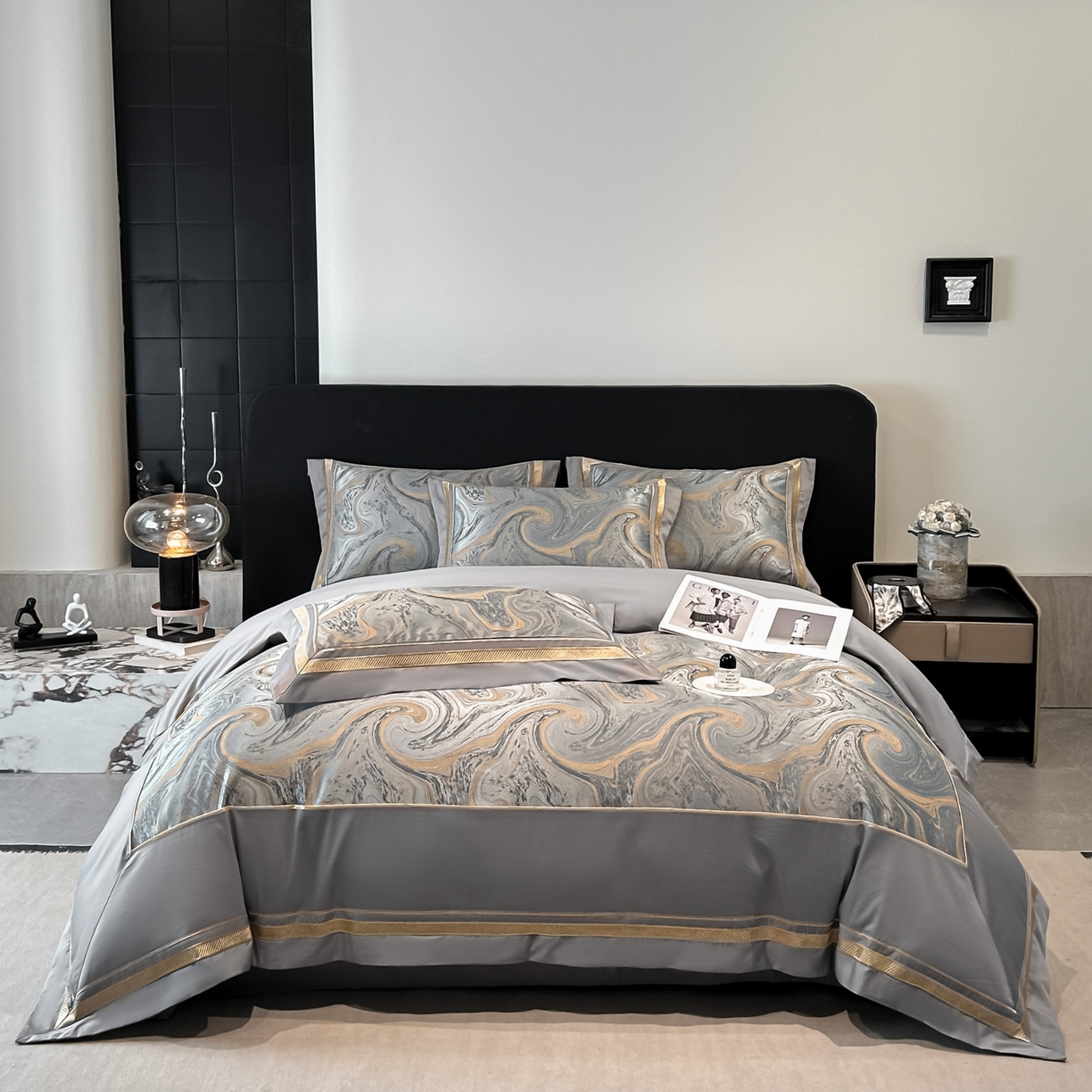 91家纺网 家纺一手货源 找家纺 博纳家纺 2026春夏新款全棉纯棉高精密色织提花绣花四件套-炫彩年华 炫彩年华-绅士灰