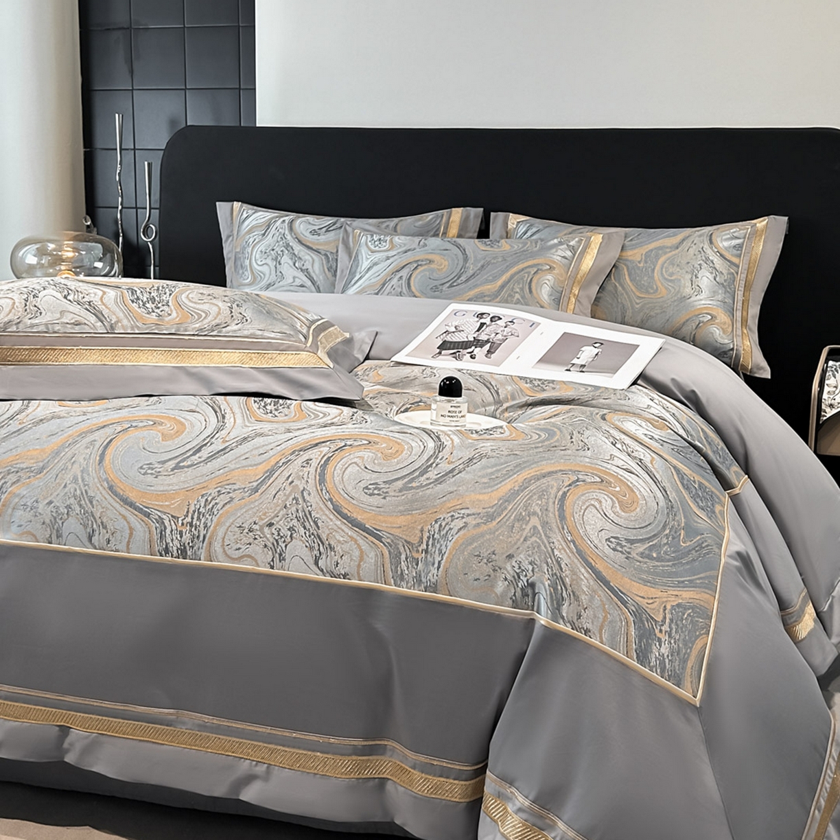 91家纺网 家纺一手货源 找家纺 博纳家纺 2026春夏新款全棉纯棉高精密色织提花绣花四件套-炫彩年华 炫彩年华-绅士灰