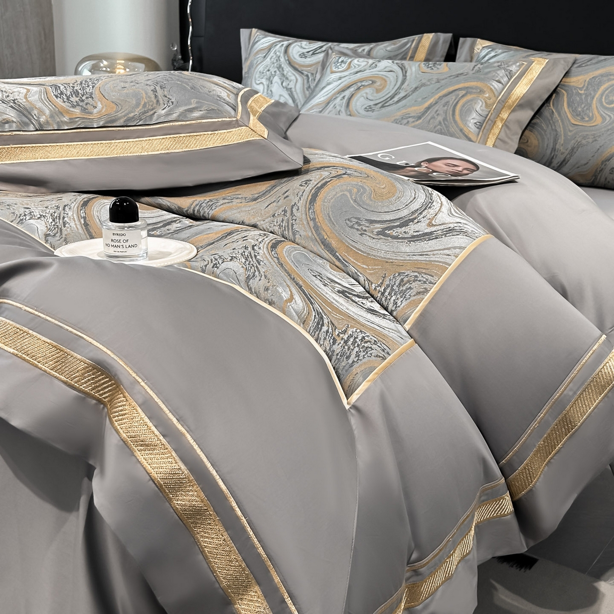 91家纺网 家纺一手货源 找家纺 博纳家纺 2026春夏新款全棉纯棉高精密色织提花绣花四件套-炫彩年华 炫彩年华-绅士灰