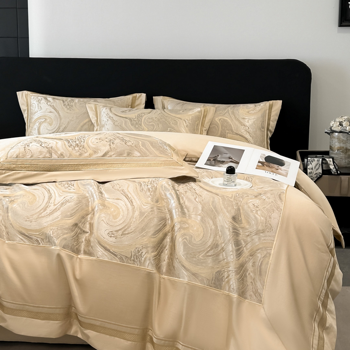 91家纺网 家纺一手货源 找家纺 博纳家纺 2026春夏新款全棉纯棉高精密色织提花绣花四件套-炫彩年华 炫彩年华-香槟