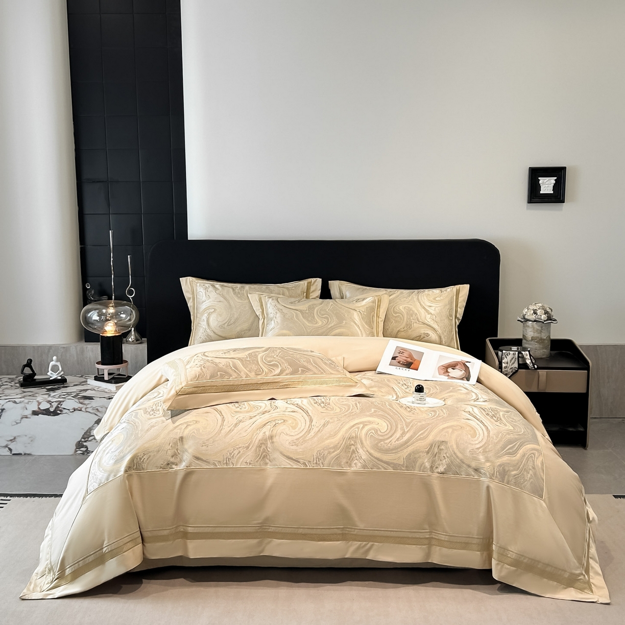 91家纺网 家纺一手货源 找家纺 博纳家纺 2026春夏新款全棉纯棉高精密色织提花绣花四件套-炫彩年华 炫彩年华-香槟