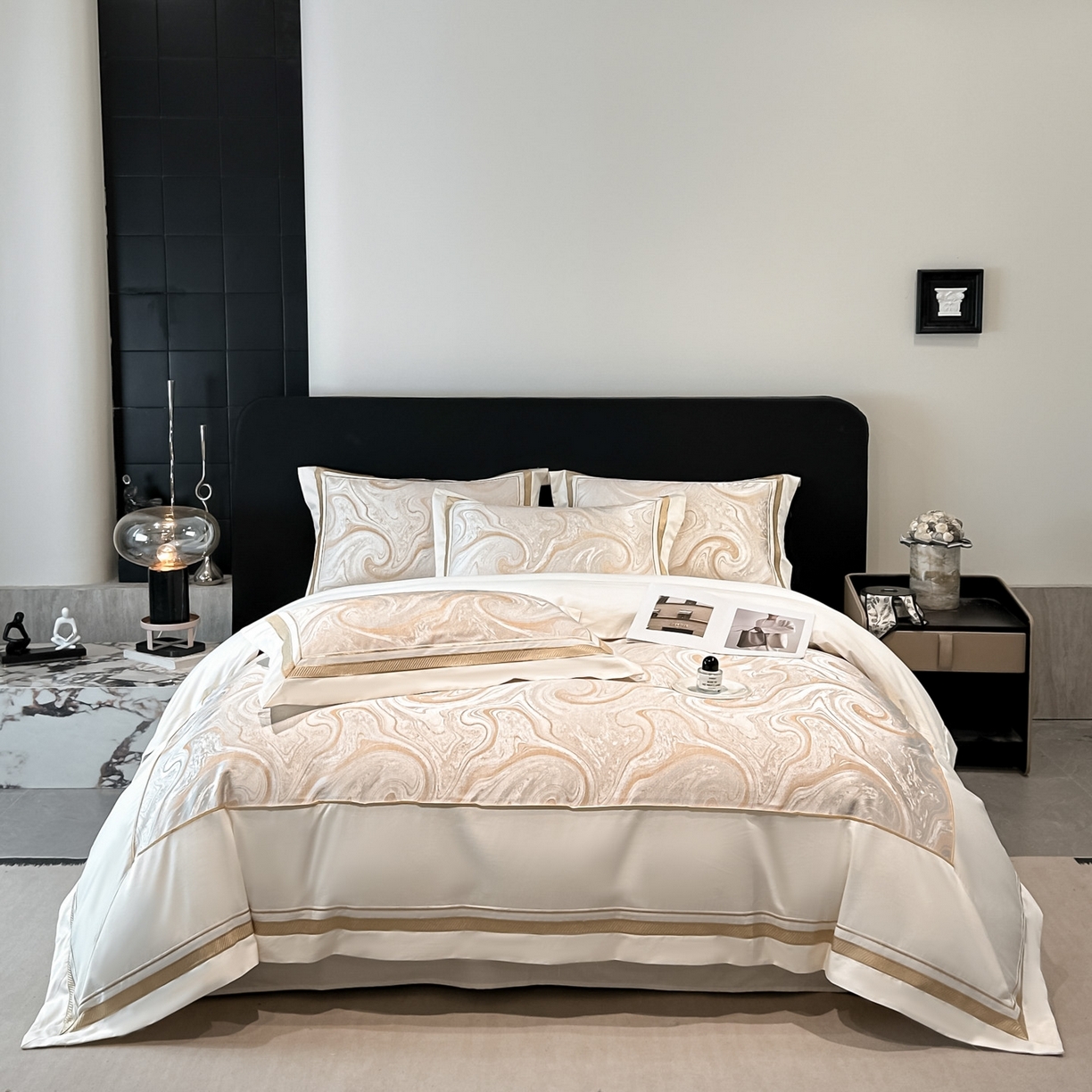 91家纺网 家纺一手货源 找家纺 博纳家纺 2026春夏新款全棉纯棉高精密色织提花绣花四件套-炫彩年华 炫彩年华-象牙白