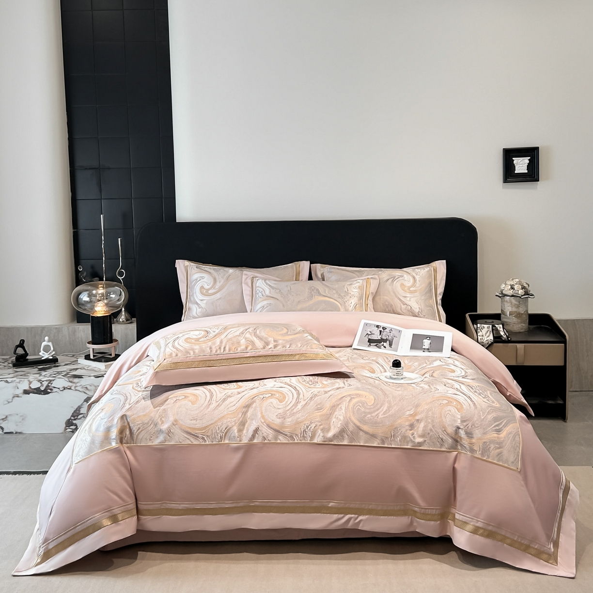 91家纺网 家纺一手货源 找家纺 博纳家纺 2026春夏新款全棉纯棉高精密色织提花绣花四件套-炫彩年华 炫彩年华-朱颜粉